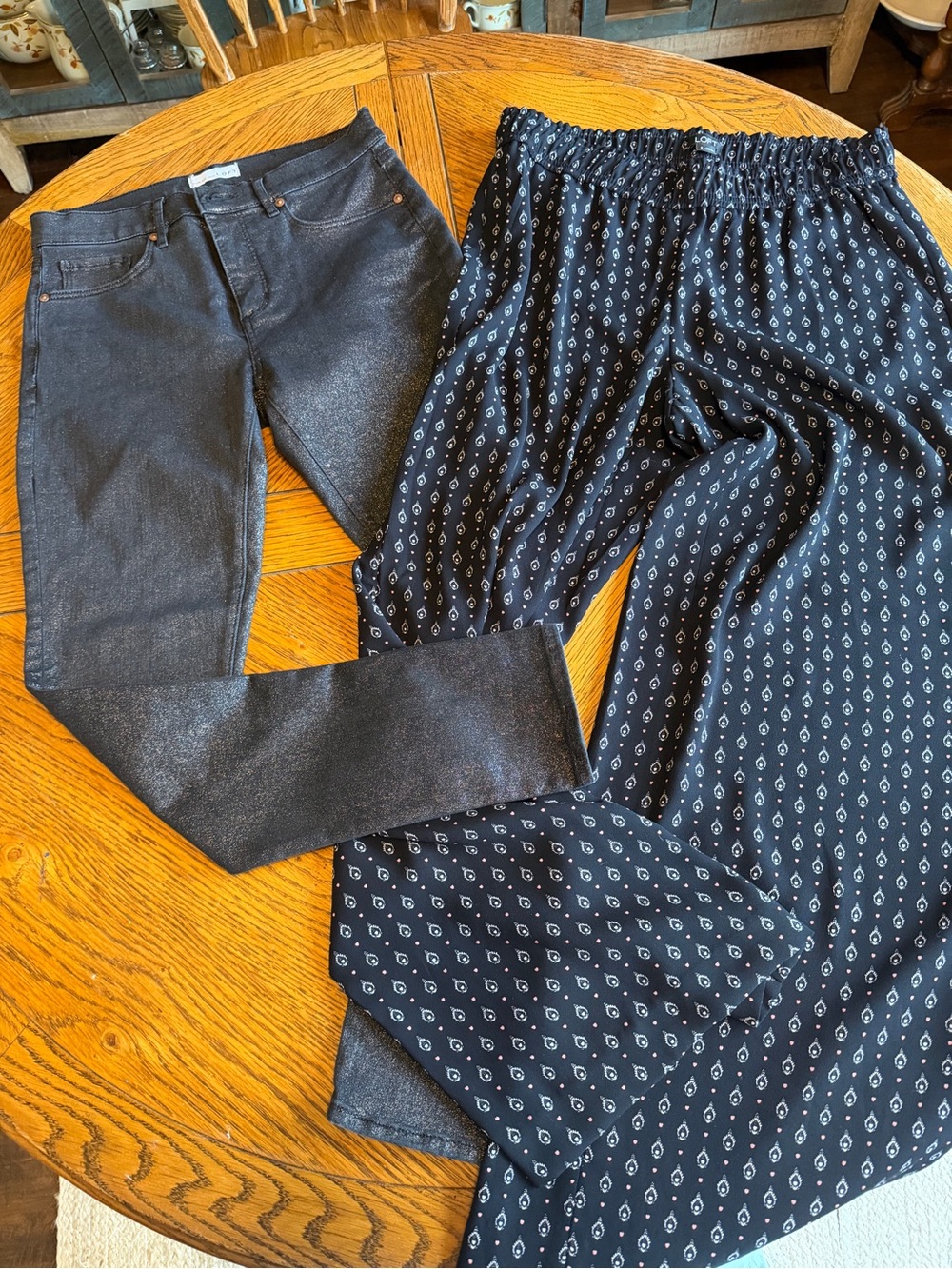 LOFT Black Cropped Shimmer Jeans & Black Patterned Wide-Leg Pants